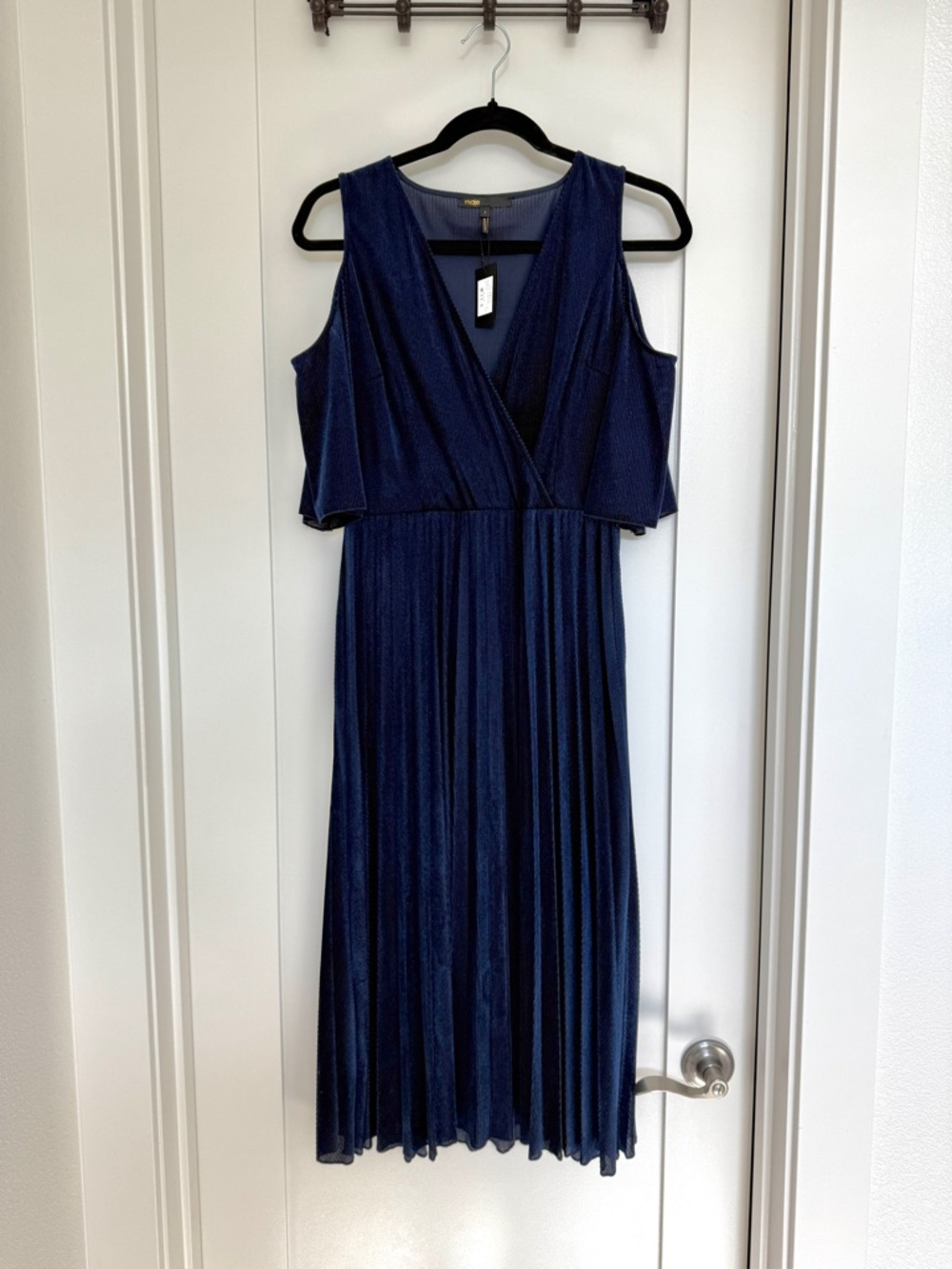 Maje Navy Pleated V-Neck Midi Dress